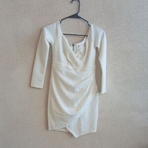 "Make Offer" Cream Asymmetrical Ruched Bodycon Dress